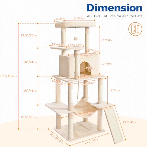63" Multi Level Cat Tree Tower for Indoor Cats (Beige)