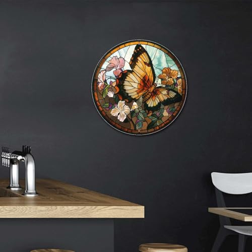 Metal Sign Tin Sign Circular Stained Glass Butterfly Inspirational Wall Art for Garage 12×12 Inches (12×12 Inches / Butterfly-3)