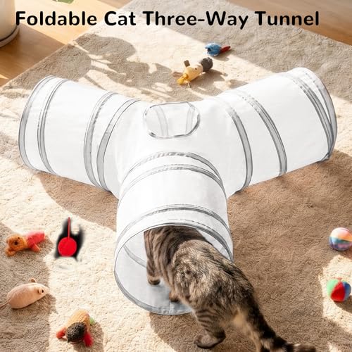 Cat Tunnel, 3-Way Collapsible Toy for Indoor Cats, White & Grey (White & Light Grey / Small)