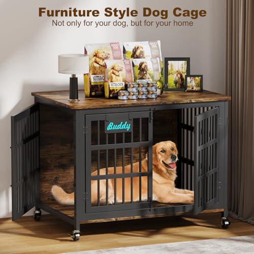 42"/41"/33" Dog Crate Furniture with Name Tag, XL Heavy Duty Dog Kennel Indoor for Large and Medium Dogs, Double-Doors Sturdy Dog Cage for Anxiety Dog, Decorate House as TV Stand (42.1"L x 29.3"W x 31.2"H / Brown)