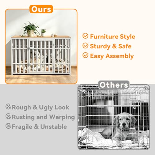 46 Inch Heavy Duty Dog Crate Furniture for Large Dogs (45.8"L x 27.5"W x 28.7"H / White+Wood)