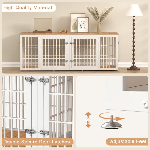 72" Heavy Duty Double Dog Crate Furniture for Large (White + Natural / 72.8"L x 25.6"W x 27.5"H)