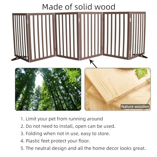 Freestanding Indoor Dog Gate for House Foldable Wood Puppy Gate for Doorways Pet Gate for Stairs Extra Wide Pet Fence (Brown / 【6 Panels】120''w x 32''h)
