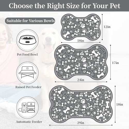 Dog & Cat Food Mat Bone Shaped Pet Feeding Mat Quick Absorb Water Bowl Placemat with Rubber Backing Indoor Floor Stain Resistant Pet Accessory Supplies (Dark Gray / 16"L x 24"W)