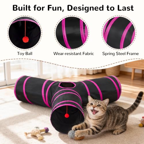Cat Tunnel, 3-Way Collapsible Toy, Large Size Black & Rose Red (Black & Rose Red / Large)
