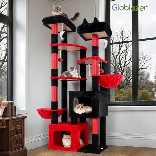 S74E Pro Gothic Heavy Duty Maine Coon Cat Tree for Large Cats (Black Red / 74 inch)