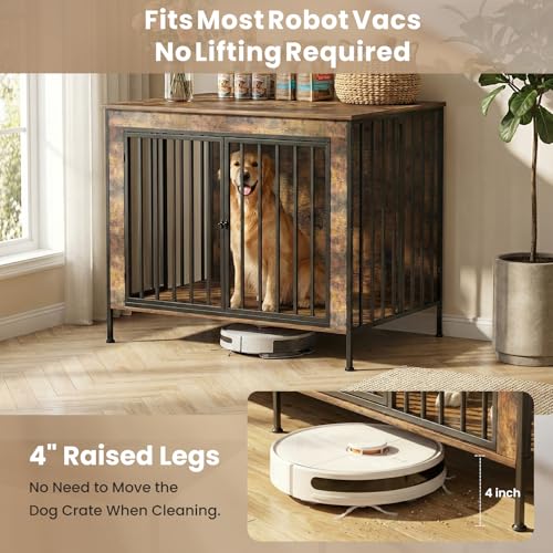 Dog Crate Furniture 40" Sturdy Heavy Duty Dog Kennel Solid Metal Tube Thick Wooden with 2 Lockable Doors Single Dog Cage Large Breed as TV Stand End Table for Large Dog Rustic Brown (40.0"L x 27.5"W x 33.0"H)