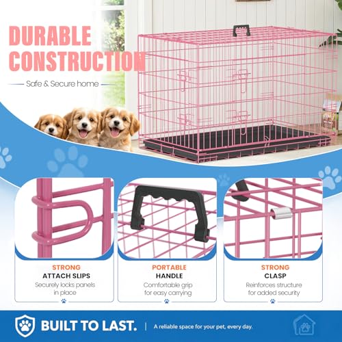 Dog Crate for Medium Dogs 36 Inch Folding Kennel Metal Pet Cage Pink (Pink / 36.0"L x 22.0"W x 24.0"H)