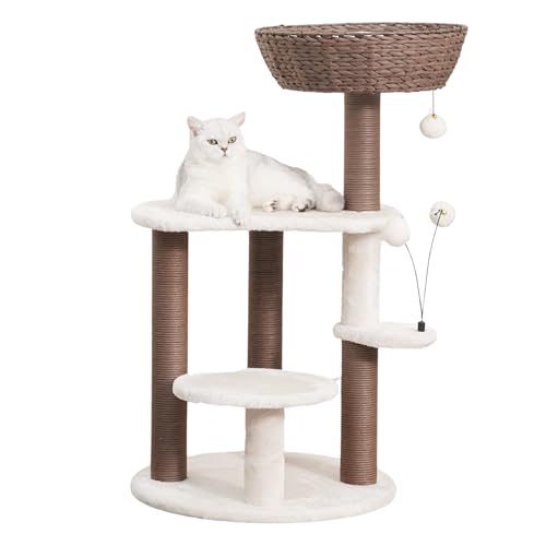 Handwoven Cat Tree with Basket Bed & Replaceable Scratching Posts (Cream and Brown)