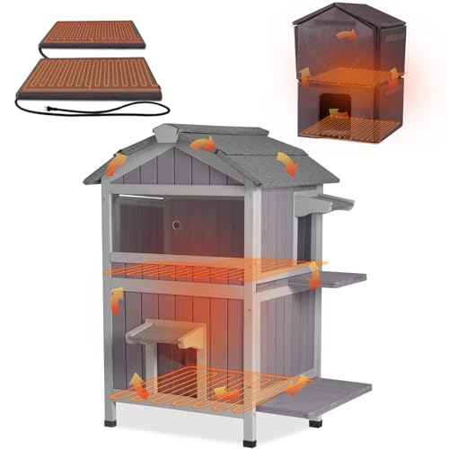 2 Story Large Heated Cat House Outdoor Insulated Cat House Weatherproof Feral Cat Shelter with Safe Heating Pad