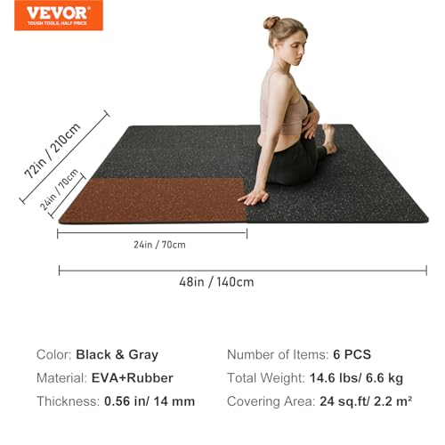 0.56Inch 24sq.ft 6 Tiles Gym Flooring for Home Gym (Black & Grey / 25"L x 25"W x 0.56"Th)