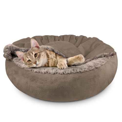 Small Dog Bed Cat Bed with Hooded Blanket (S(23" x 23" x 7") / Dark Brown)