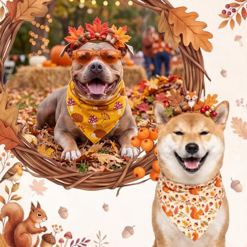 100 Pcs Fall Dog Bandanas Bulk for Autumn Pet Soft Bibs Adjustable Squirrel Fox Hedgehog Kerchief Bandana for Small Medium Large Grooming Accessories (Fall Animals / 25.6 x 17.7 x 17.7 Inch)