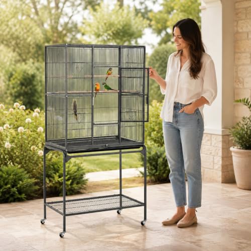 63 Inch Wrought Iron Rolling Large Bird Cage for African Grey Small Quaker Amazon Parrots Canary Bird Flight Cage