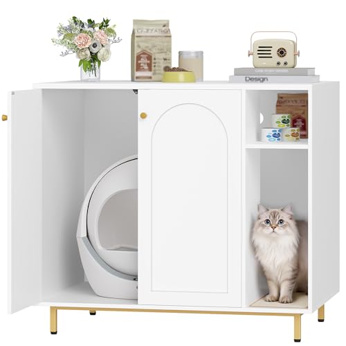 Large Cat Litter Box Enclosure (White and Gold / 41.3"L x 27.5"W x 36.6"H)