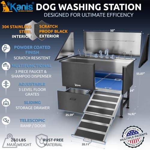 Professional Dog Washing Station 304 Stainless Steel Pet Wash Sink (Black, Right Ramp, 1 Drawer / 50 Inches)