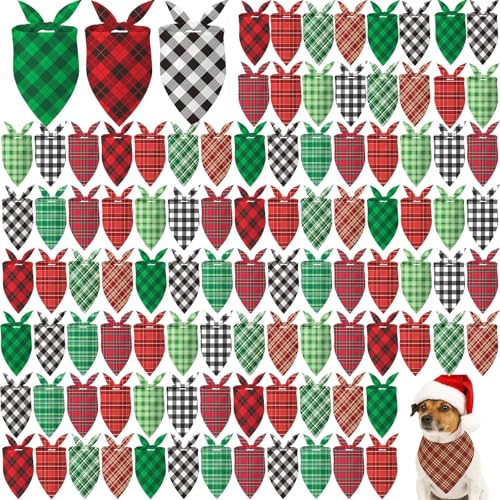 100 Pcs Christmas Red and Green Plaid Dog Bandanas Bulk for Medium (Red Green Plaid / 25.6 x 17.7 x 17.7 Inch)