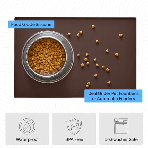 Dog Food Mat 100% Waterproof Silicone (Brown / 32"l X 24"w)