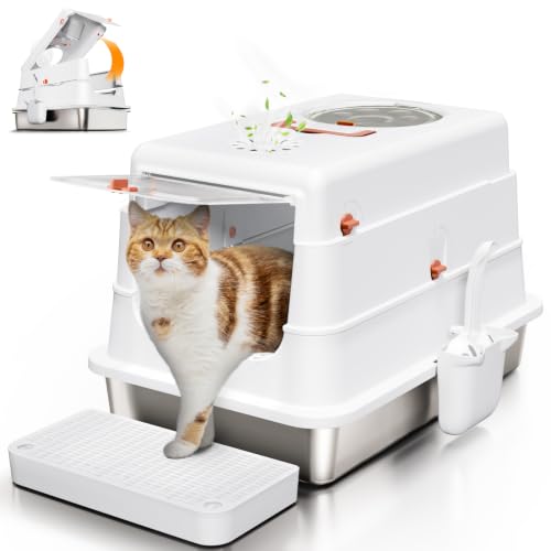 Stainless Steel Cat Litter Box with Lid (White)