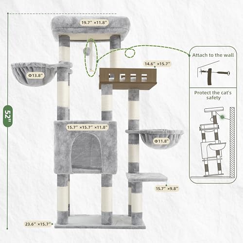Sturdy Cat Tree Tower for Large Cats (52 inches / Light Gray)