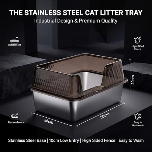 Medium Stainless Steel Litter Box Side Entry High Sides Deep Metal Cat Litter Boxes with Lid Low Entry Litter Mat and Scoop Litter Pan (Black / Medium)