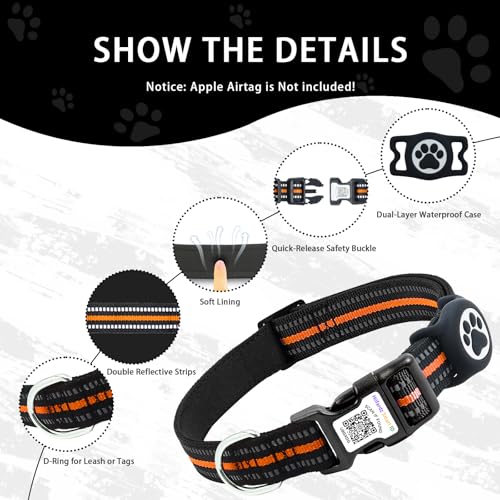 Dog Collar with Tracker Holder and QR Code ID (Orange / L (16-26"))