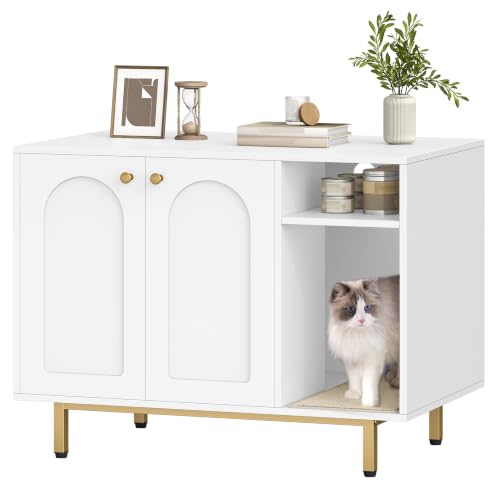 Cat Litter Box Enclosure (White and Gold / 31.4"L x 19.6"W x 24"H)