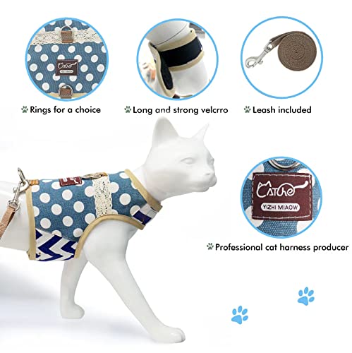 Cat Harness and Leash Set Escape Proof (Blue Polka Dots / Xs 2-4 lbs)