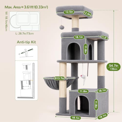 Cat Tree Tower 2 Condo Kitten Scratching Post (Light Grey / 54 inch)
