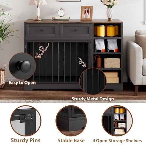 47" Medium Dog Crate Furniture with Storage (Black / 47.2"L x 23.6"W x 33.5"H)