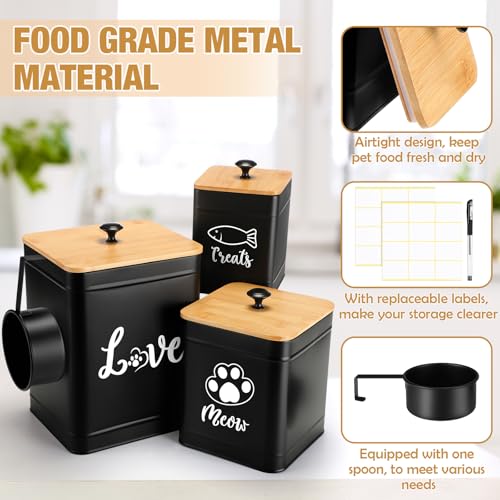 Metal Airtight Cat Food Containers Set of 3 with Bamboo Lids and Spoon 7+3+2 Lbs Cat Treat Storage Container Countertop with DIY Labels Pet Cookie Organizer Jars for Kitchen Counter (Black)