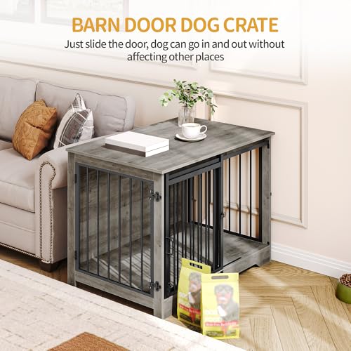 39.3" L Dog Crate Furniture Indoor Dog Kennel with Barn Door (Greige / 39.3"L x 23.6"W x 26.8"H)