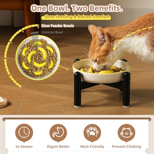 Ceramic Slow Feeder Cat Bowl (Yellow Raised (Metal) / 3.9"H Raised (Metal))