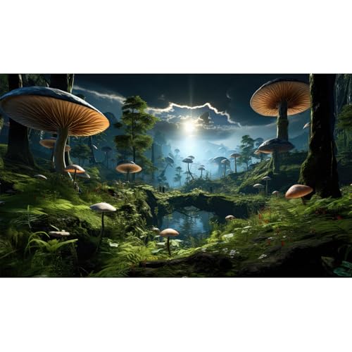 Fantasy Mushrooms Landscape Aquarium Background Tranquil Stream Cloudy Sky Terrarium Background Lush Green Tropical Plants Trees Fish Tank Backdrop Decoration Tank Background Poster 72x24in (72(W)x24(H)in / Green Grey)