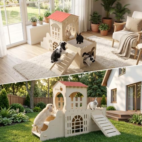 Wooden Rabbit House with 2 Scratch Mats