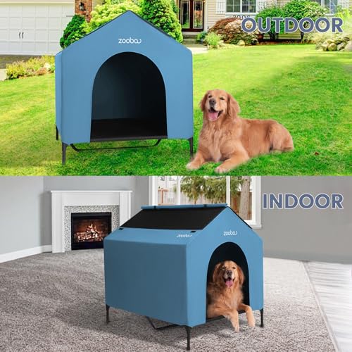 42" 2-in-1 Dog House for Medium Dogs, Elevted Dog House Outdoor/Indoor, Puppy Shelter Outside,Water Resistant 600D PVC and Durable 2x1 Textilene Raised Dog Bed(Blue) (X-Large: 42inch)