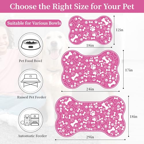 Dog & Cat Food Mat Bone Shaped Pet Feeding Mat Quick Absorb Water Bowl Placemat with Rubber Backing Indoor Floor Stain Resistant Pet Accessory Supplies (Pink / 17"L x 17"W)