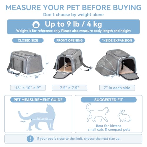 Small Expandable Cat Carrier for Air Travel (16.0"L x 10.0"W x 9.0"H / Light Gray)