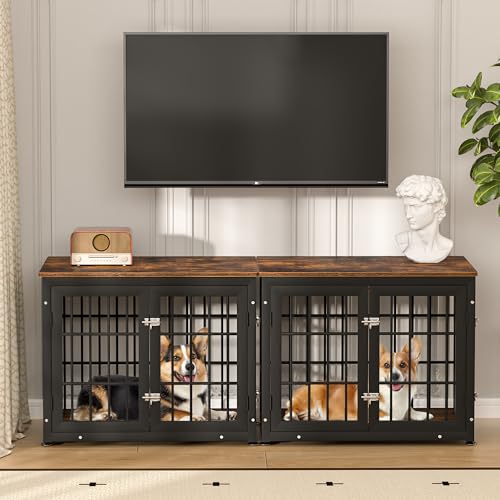 32" Heavy Duty Dog Crate Furniture for Small and Medium Dogs (Black + Rustic Brown / 32.7"L x 23.6"W x 26.2"H)