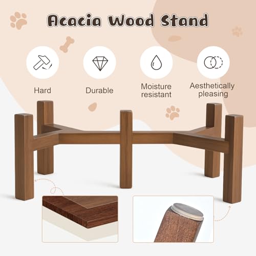 Ceramic Elevated Dog Bowl Set with Acacia Wood Stand for Food and Water for Small Medium Sized Dogs (28.74 Oz / Dog Paw White)