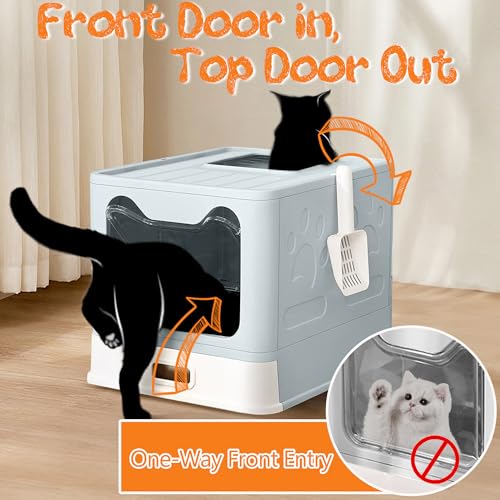 Enclosed Cat Litter Box with Lid Top Exit Covered Metal Stainless Steel Litter Box Leak Proof & Odorless Easy to Clean Including Cat Litter Scoop and Litter Mat (Blue / One Size)