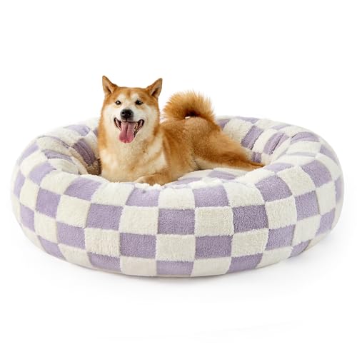 Lesure Shown on TV Jacquard Donut Dog Beds Large Sized Dog (36.0"L x 36.0"W x 8.0"Th / Lavender Checks)