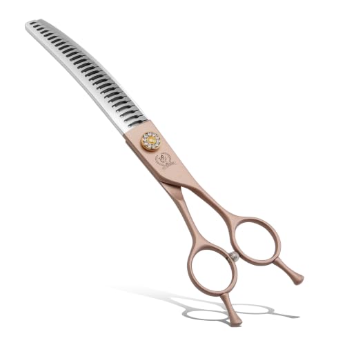 Professional Curved Chunker Dog Grooming Scissors 7.0'' Rose Gold Thinning Shears Extremely Sharp Blades 440C Stainless Steel Thinning Shears Durable Smooth Fine Cut for Dogs and Cats (Curved Chunker / 7")