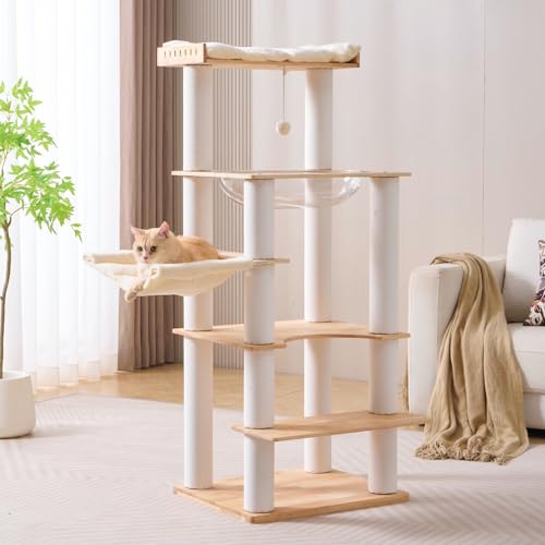 Modern Natural Wooden Wood Cat Tree Tower Condo (57 Inches - Solid Wood)