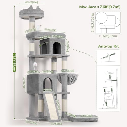 S72 Heavy Duty Cat Trees for Large Cats 20 lbs+ (Light Grey / 72 inch)