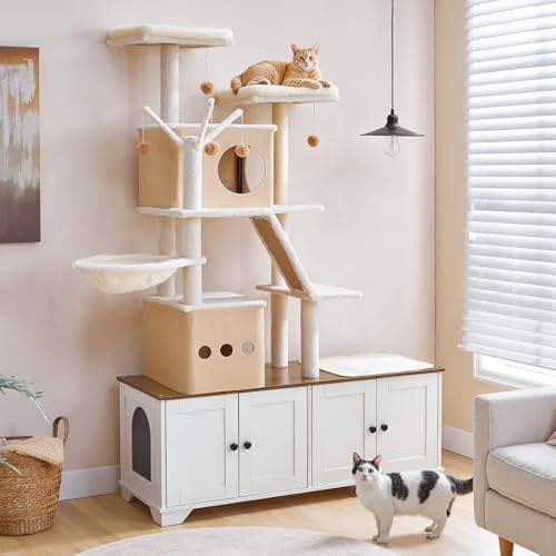 Double Litter Box Enclosure with Cat Tree (White)