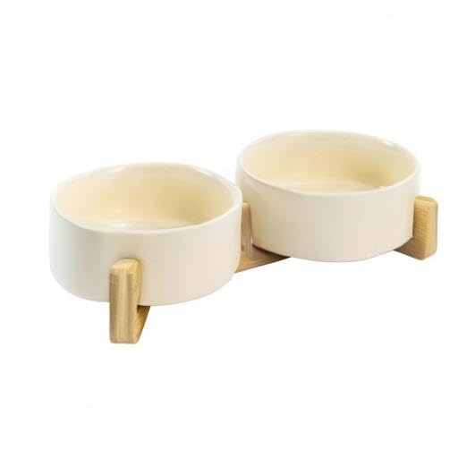 Ceramic Dog and Cat Bowl Set with Wooden Stand (1.7 cups / Beige × 2)