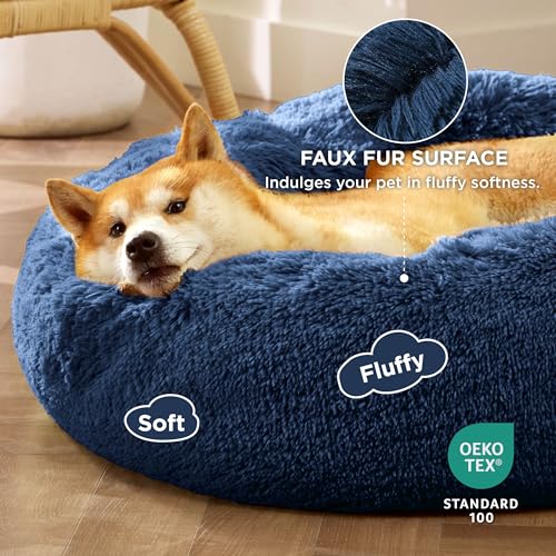 Calming Dog Bed Medium Size Dog Donut Washable Pet Bed (30"L x 30"W x 8"Th / Navy)