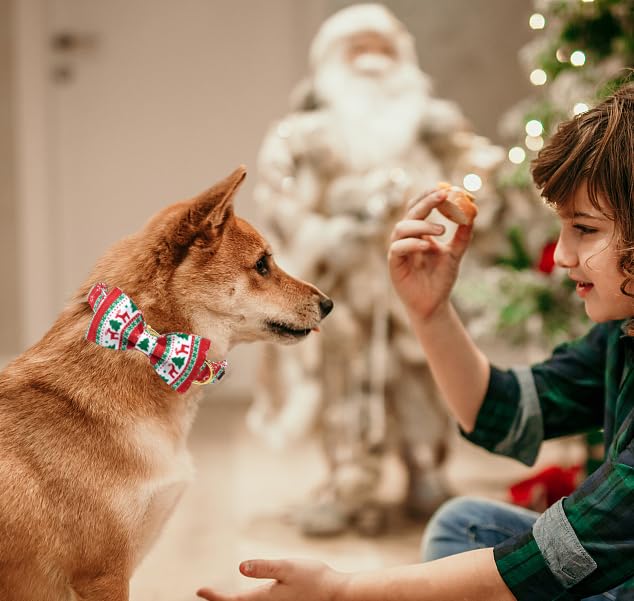 Christmas Day Dog Collar with Bow Christmas Tree Cotton Puppy Collars for Small Medium Large Dogs (Large / red&green bow)
