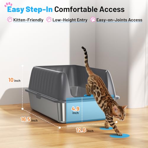 Stainless Steel Litter Box 10in Enclosed Cat Litter Box with High Sided Lid Odor Control Non (Deep Grey / Medium)